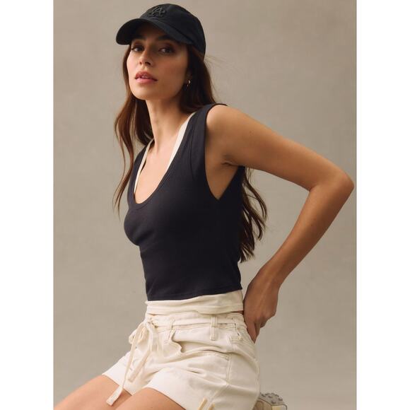 NWT Anthropologie Daily Practice Ariel Tank Short Sleeve Top Black White XL - Picture 2 of 10